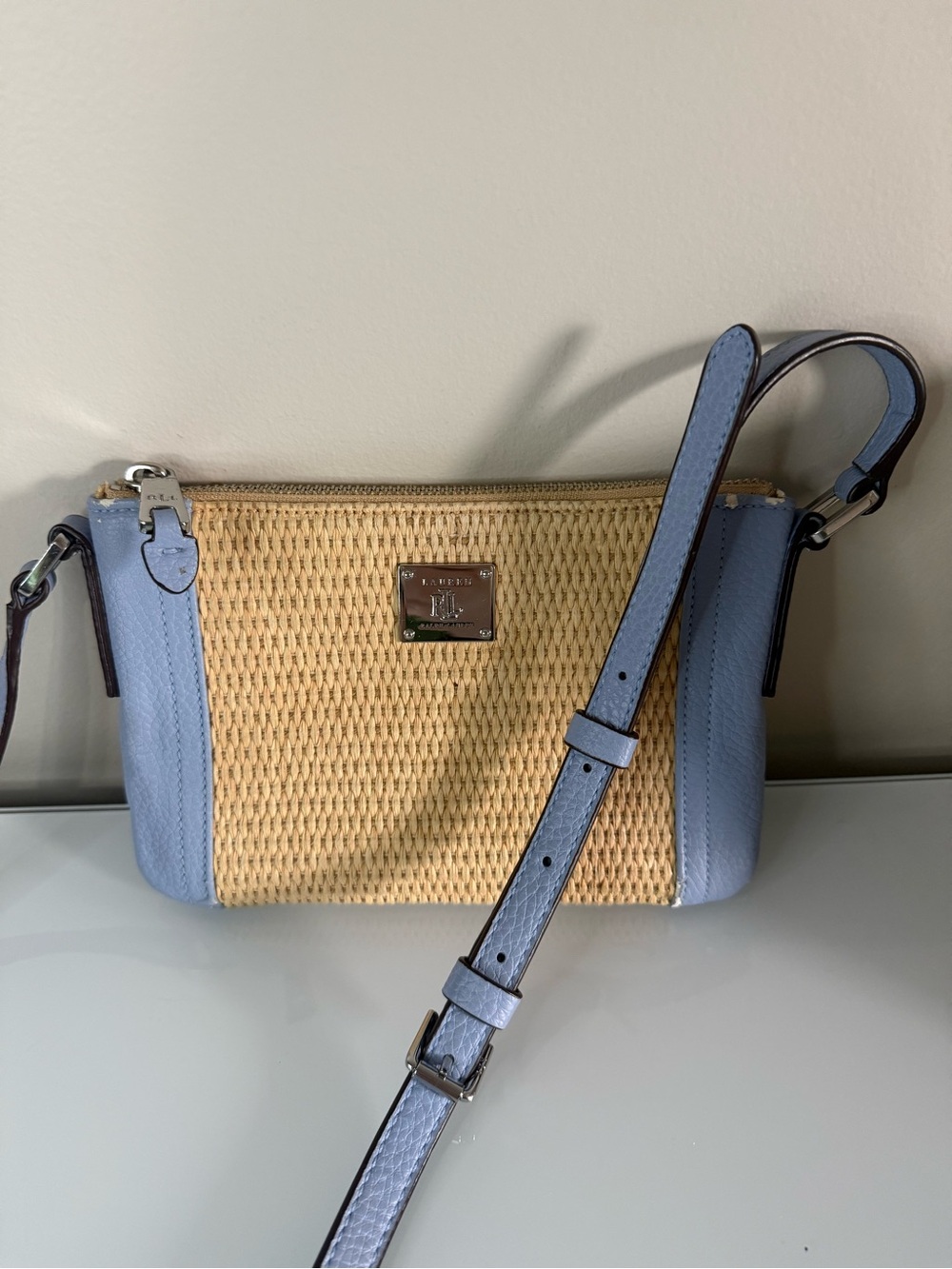 Ralph Lauren Purcey Straw crossbody adjustable strap rattan style light blue